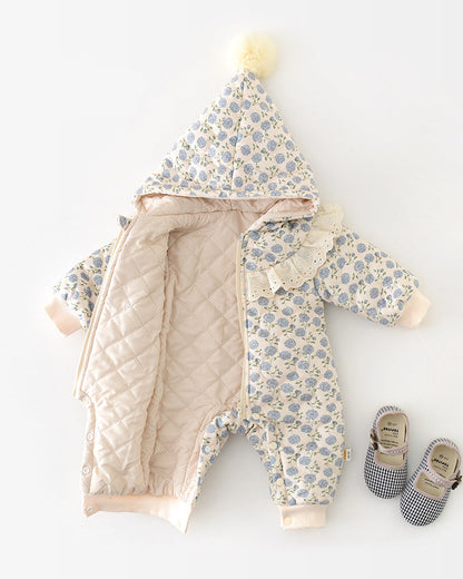 花柄レースのジップ付きベビーフード付きジャンプスーツ