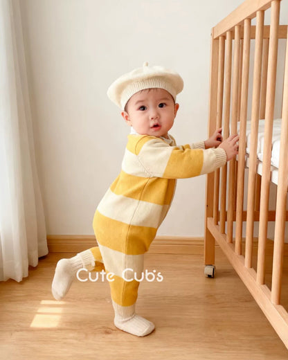 Knitted Striped Polo Collar Baby Jumpsuits Hat
