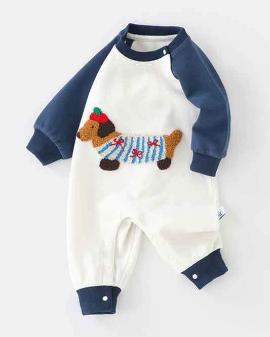 Dachshund Pattern Color Block Long Sleeve Baby Jumpsuits