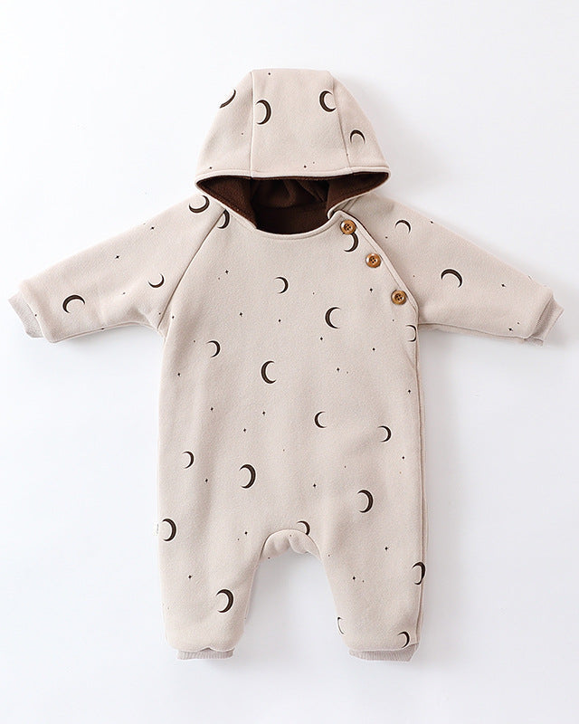 Tree Moon Warm Fleece Hooded Baby Jumpsuits