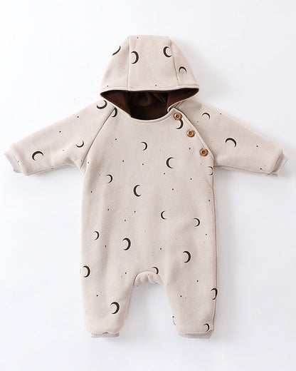 Tree Moon Warm Fleece Hooded Baby Jumpsuits
