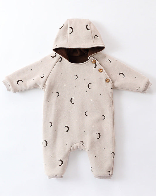 Tree Moon Warm Fleece Hooded Baby Jumpsuits