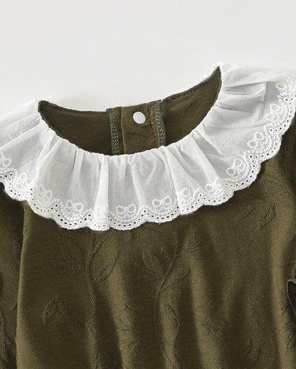 Lace Collar Leaf Pattern Long Sleeve Baby Romper