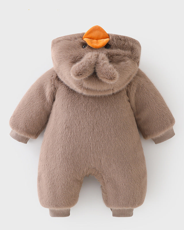 Fleece Duck Pattern Hooded Baby Jumpsuits