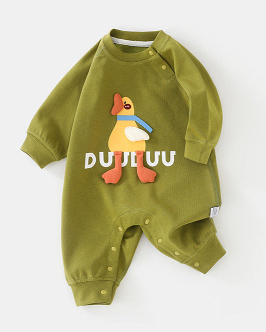 Duck Pattern Solid Color Long Sleeve Baby Jumpsuits