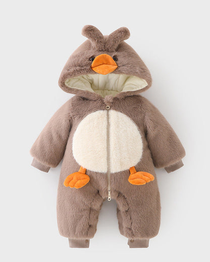 Fleece Duck Pattern Hooded Baby Jumpsuits