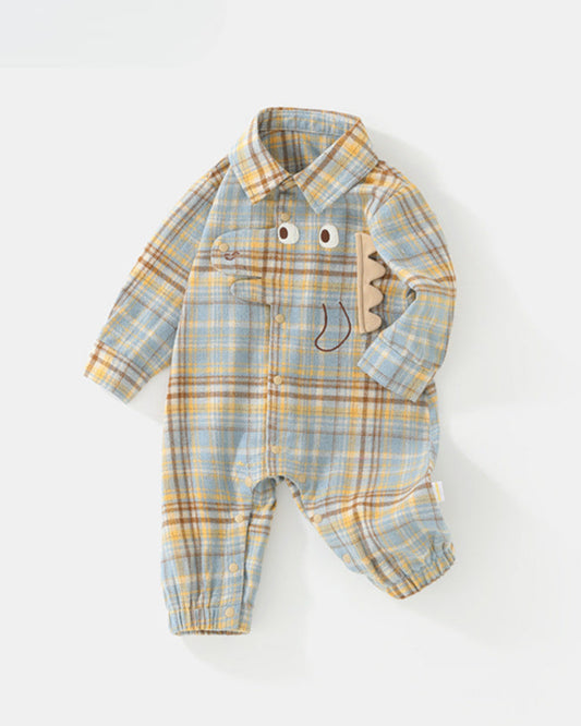 Dinosaur Plaid Printed Long Sleeve Baby Jumpsuits