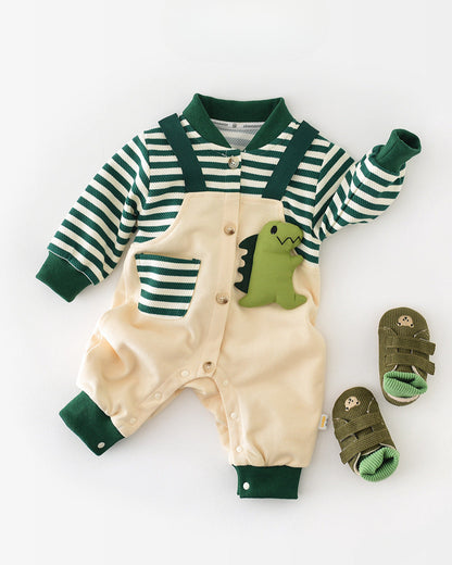 Dinosaur Pattern Striped Pocket Baby Jumpsuits