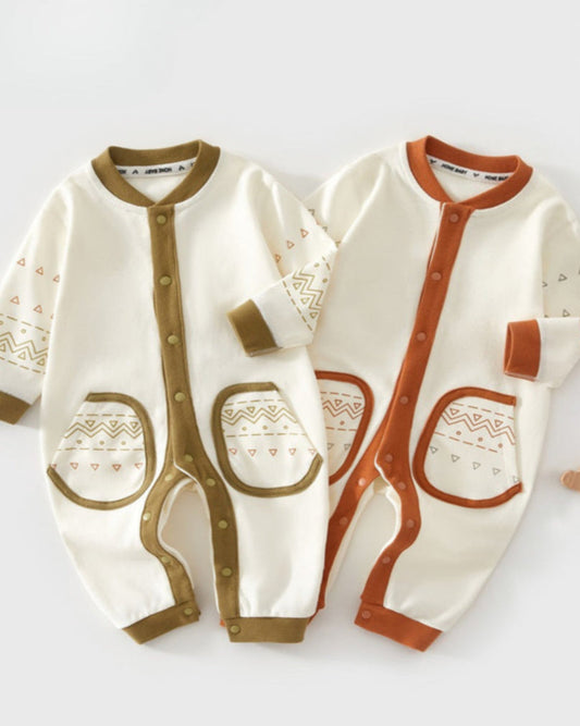 Triangle Pattern Color Block Cotton Baby Jumpsuits