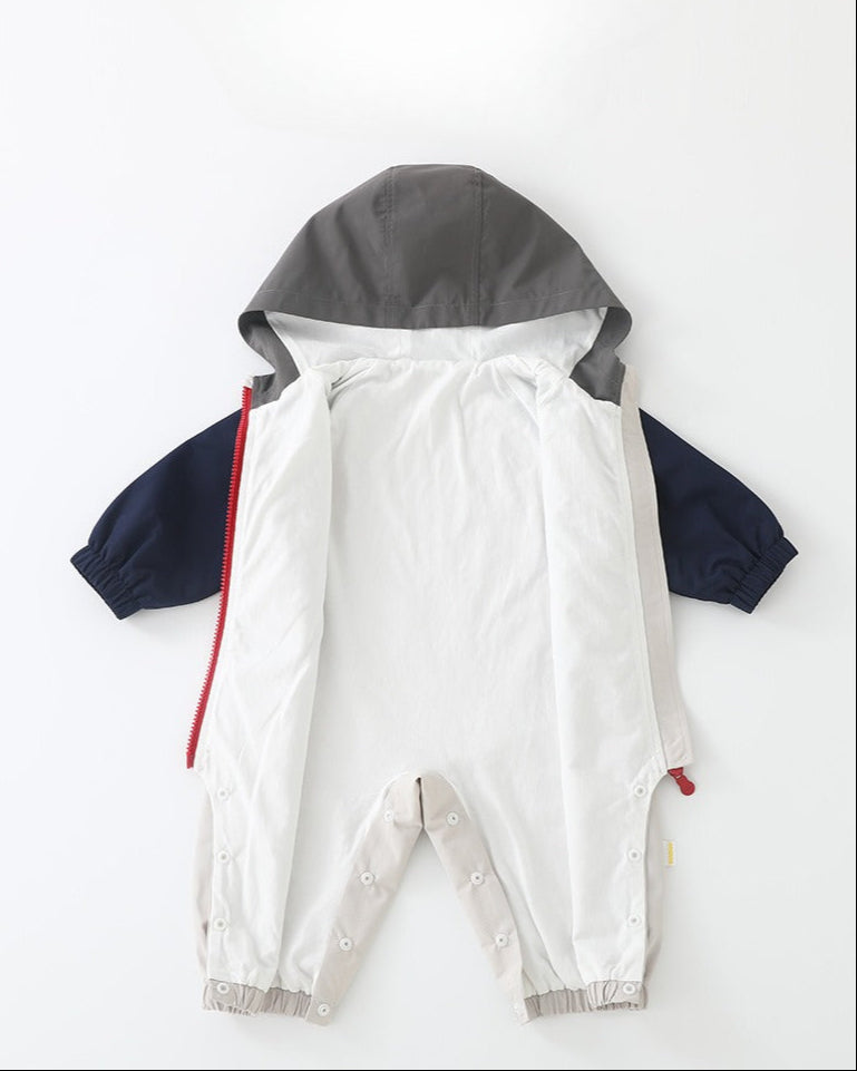 Color Block Zipped Long Sleeve Baby Hooded Jumpsuits