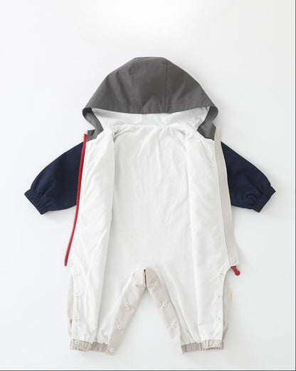 Color Block Zipped Long Sleeve Baby Hooded Jumpsuits