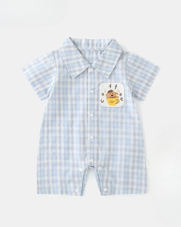 Plaid Coffee Bear Buttoned Short Sleeve Baby Jumpsuits