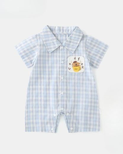 Plaid Coffee Bear Buttoned Short Sleeve Baby Jumpsuits