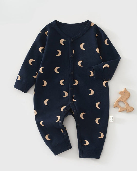 Moon Printed Buttoned Long Sleeve Baby Jumpsuits