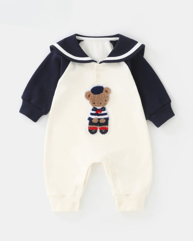 Cute Navy Bear Collar Pattern Long Sleeve Baby Jumpsuits