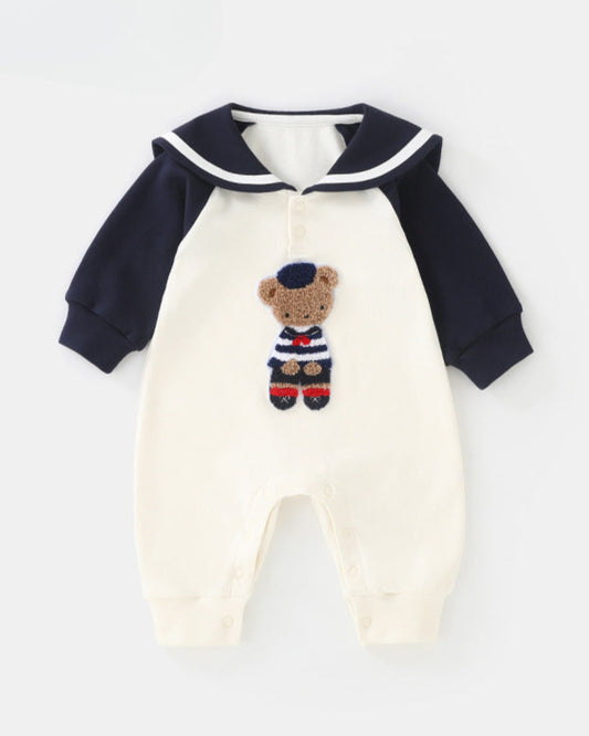 Cute Navy Bear Collar Pattern Long Sleeve Baby Jumpsuits
