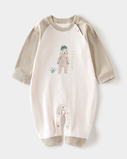 Bear Printed Color Block Long Sleeve Baby Jumpsuits
