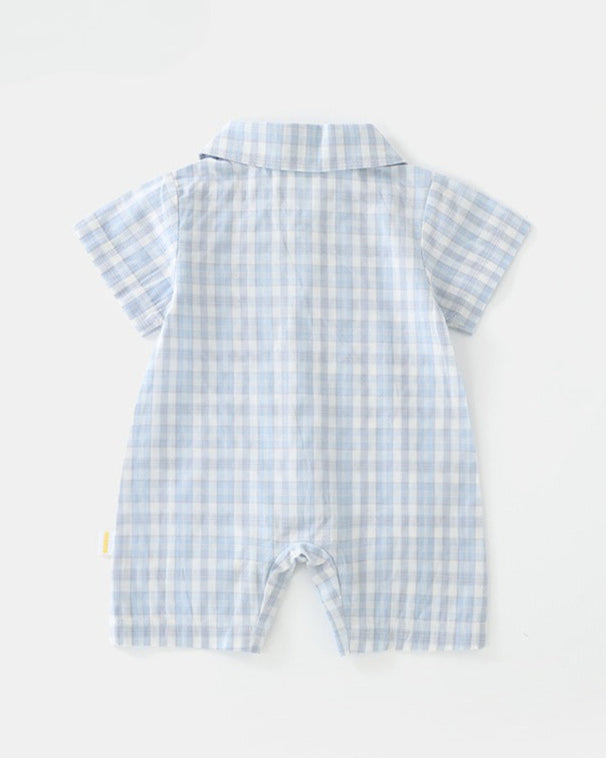 Plaid Coffee Bear Buttoned Short Sleeve Baby Jumpsuits
