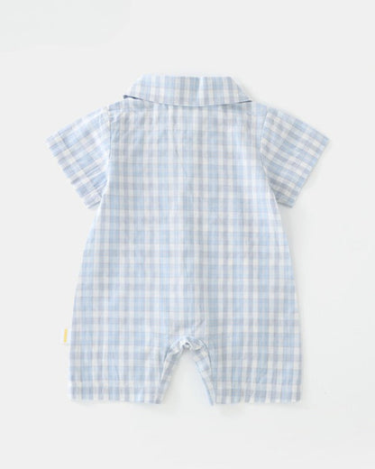 Plaid Coffee Bear Buttoned Short Sleeve Baby Jumpsuits