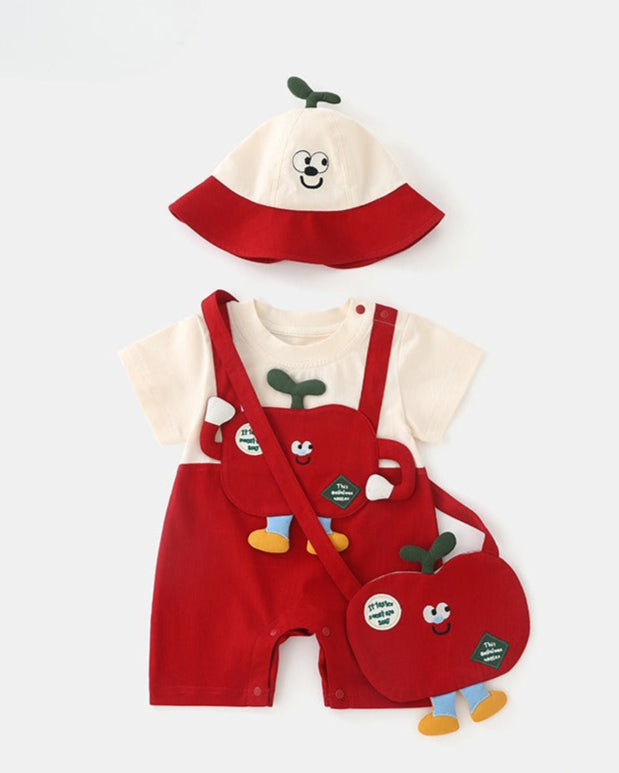 Cartoon Apple Pattern Short Sleeve Baby Jumpsuits Hat Bag