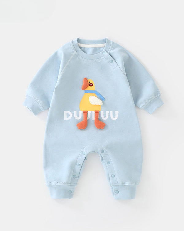 Duck Pattern Solid Color Long Sleeve Baby Jumpsuits