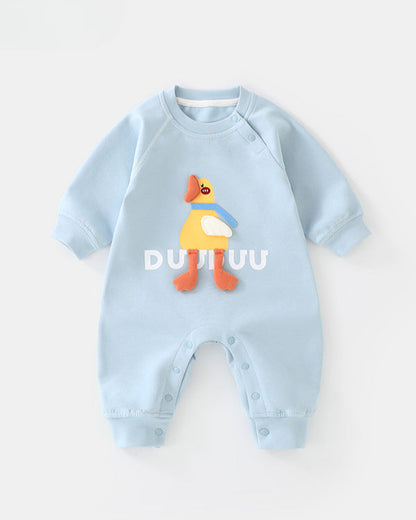 Duck Pattern Solid Color Long Sleeve Baby Jumpsuits