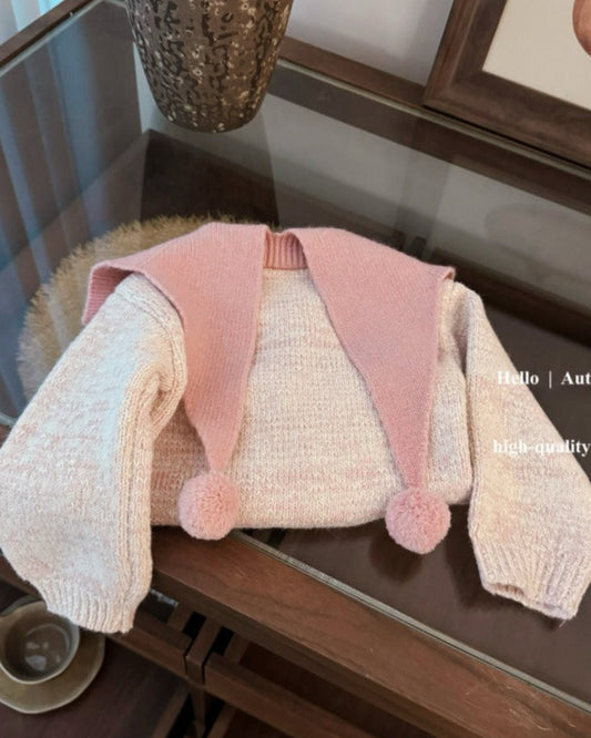 Knitted Ball Decor Color Block Girl Sweater Pants Set