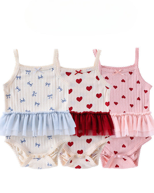 Heart/Bow Printed Lace Ruffled Cotton Baby Romper