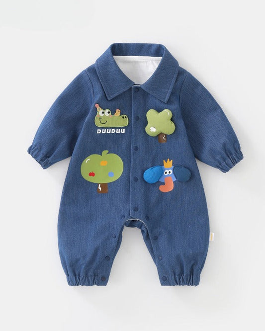 Denim Crocodile Tree Decor Long Sleeve Baby Jumpsuits