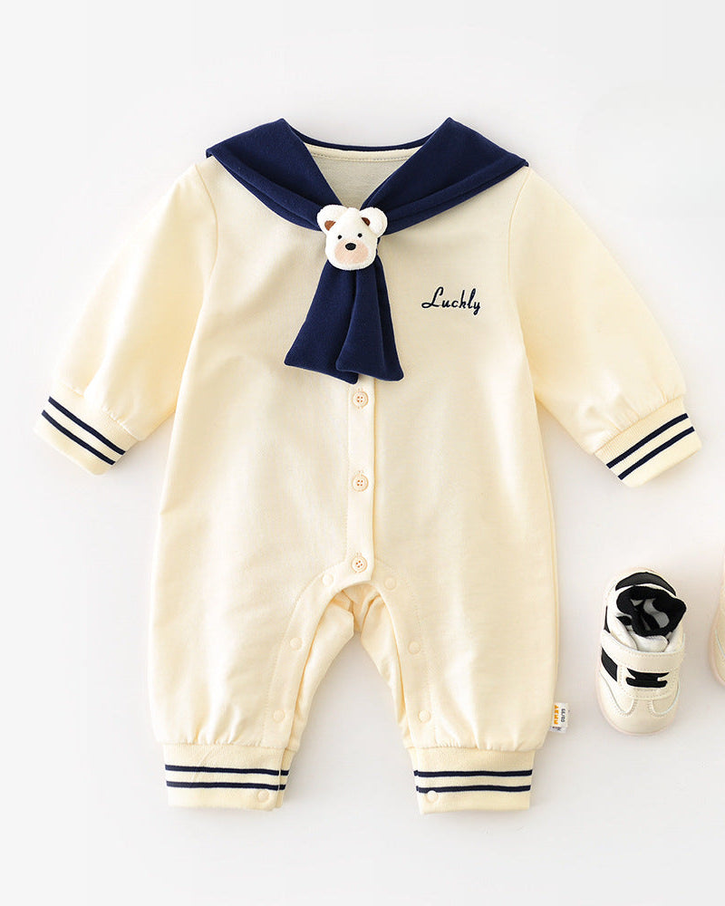 Baby jumpsuit with navy collar and bear detail