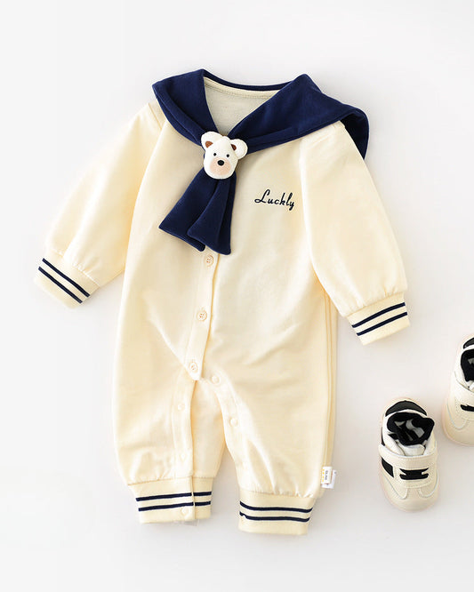 Baby jumpsuit with navy collar and bear detail