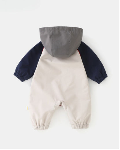 Color Block Zipped Long Sleeve Baby Hooded Jumpsuits