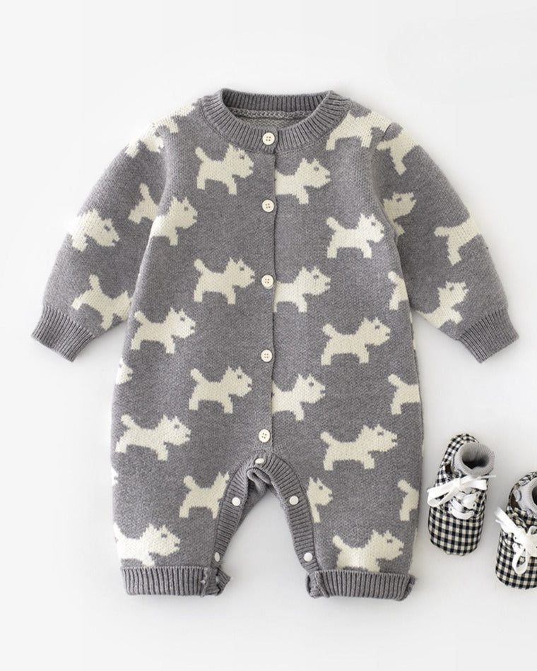 Puppy Pattern Knitted Buttoned Long Sleeve Baby Jumpsuits