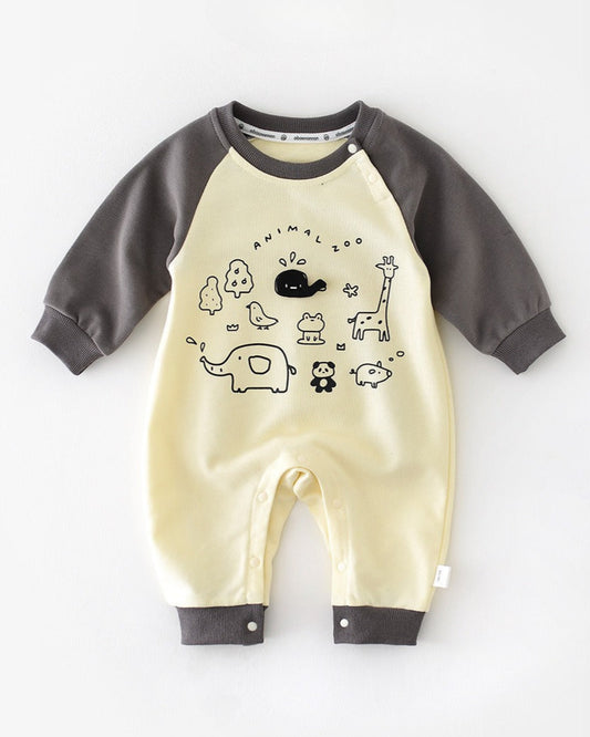 Zoo Pattern Color Block Long Sleeve Baby Jumpsuits
