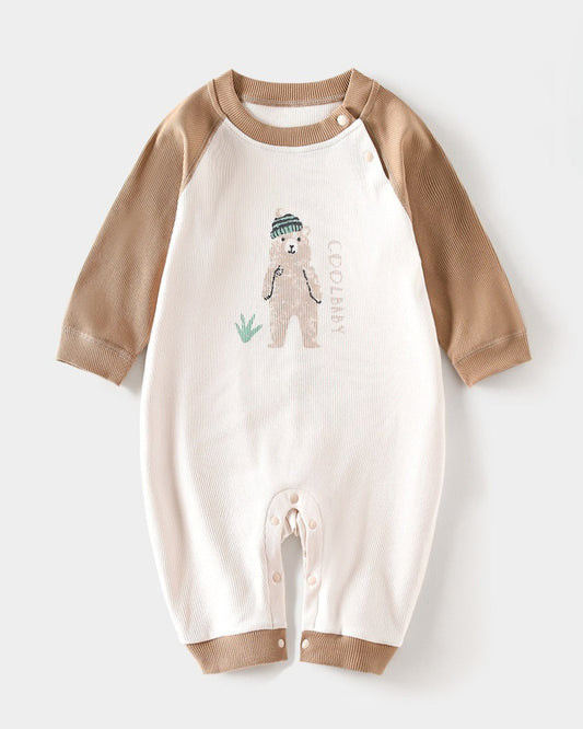 Bear Printed Color Block Long Sleeve Baby Jumpsuits