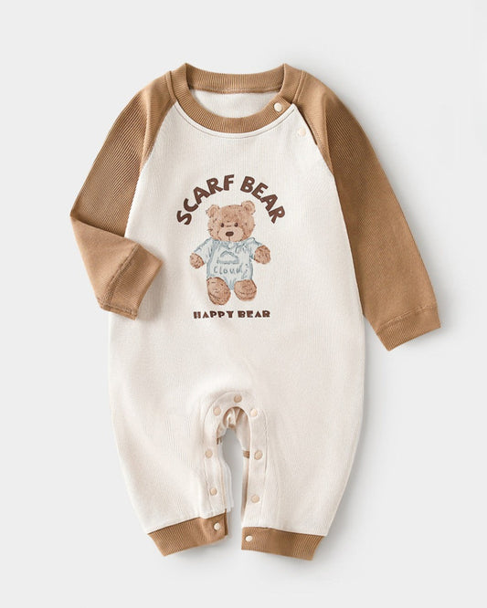 Scarf Bear Color Block Long Sleeve Baby Jumpsuits