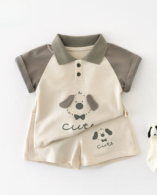 Dog Pattern Casual Baby Polo Shirt&Pants Set