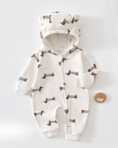 Cotton Printed Zipped Baby Ear Hooded Jumpsuits