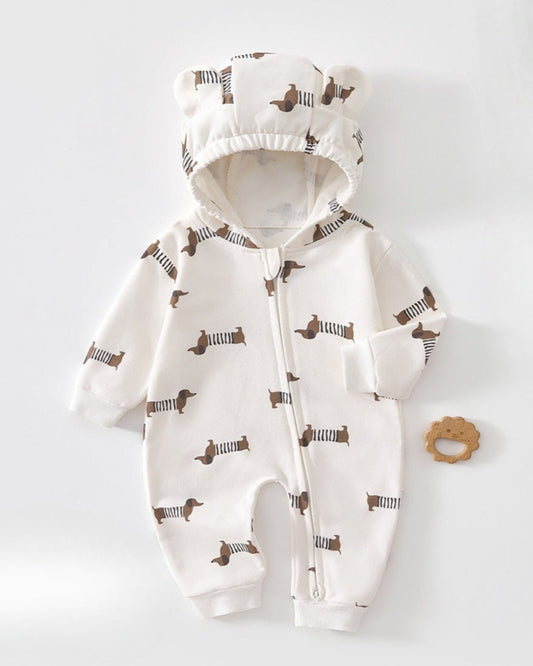 Cotton Printed Zipped Baby Ear Hooded Jumpsuits