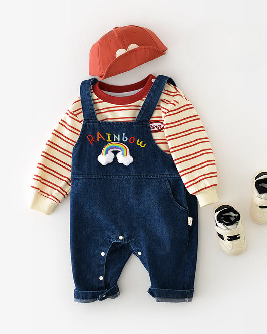 Rainbow Pattern Baby Denim Jumpsuits/Hoodie