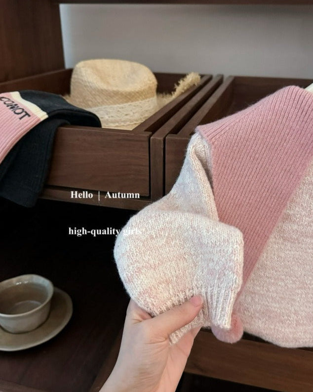 Knitted Ball Decor Color Block Girl Sweater Pants Set