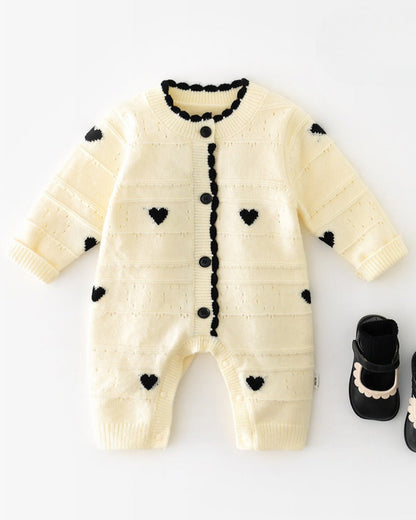 Heart Decor Knitted Buttoned Long Sleeve Baby Jumpsuits