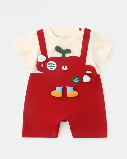 Cartoon Apple Pattern Short Sleeve Baby Jumpsuits Hat Bag