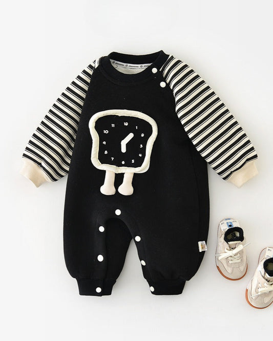 Clock Pattern Striped Fleece Baby Jumpsuits