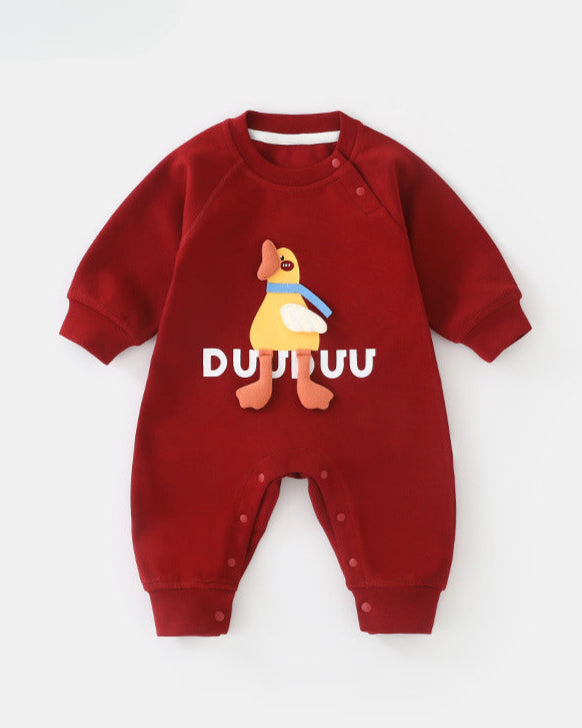 Duck Pattern Solid Color Long Sleeve Baby Jumpsuits