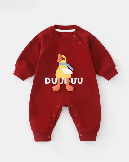 Duck Pattern Solid Color Long Sleeve Baby Jumpsuits