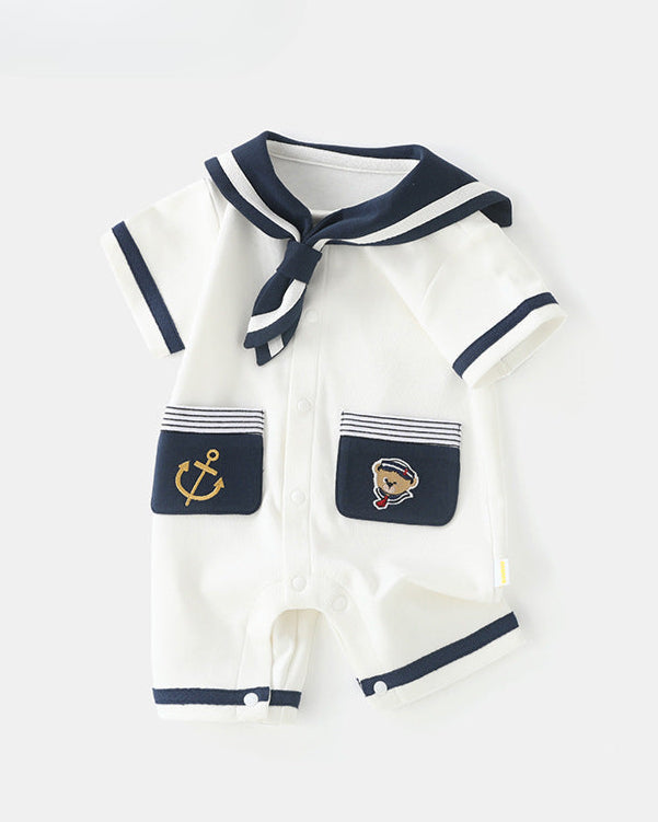 Short sleeve baby jumpsuit set with navy collar and pocket detail