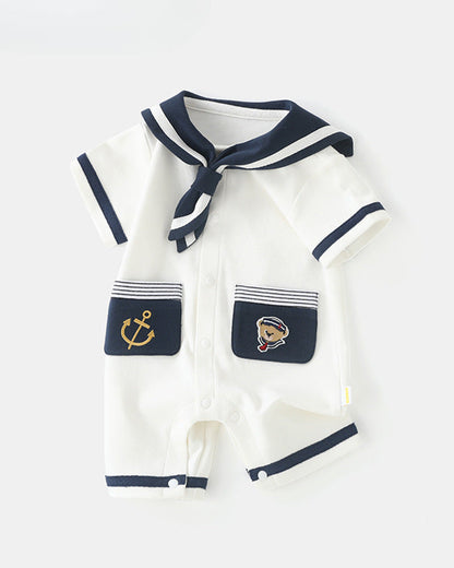 Short sleeve baby jumpsuit set with navy collar and pocket detail