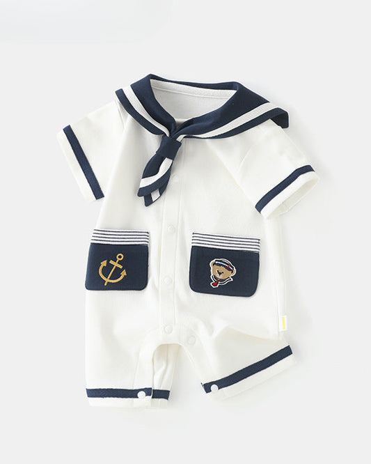 Short sleeve baby jumpsuit set with navy collar and pocket detail