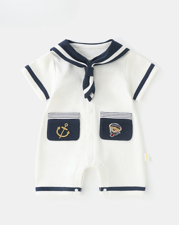Short sleeve baby jumpsuit set with navy collar and pocket detail